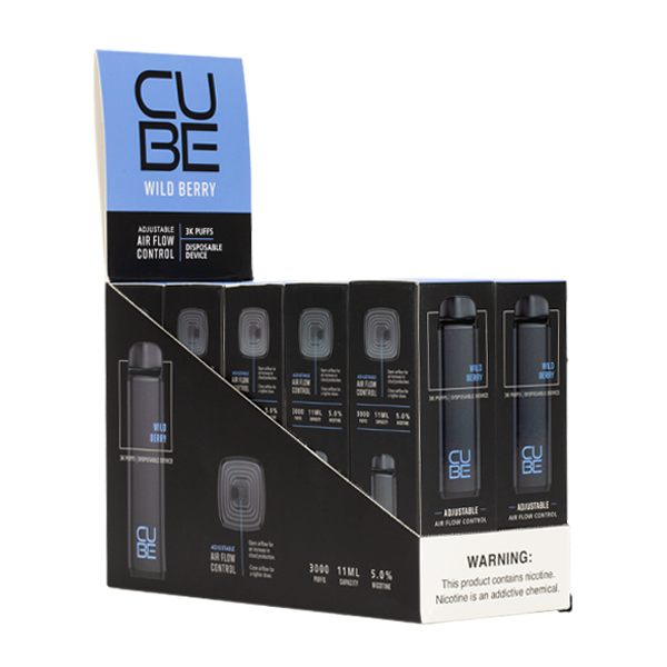 The Wildberry Cube Zero disposable vape is a nicotine free berry vape